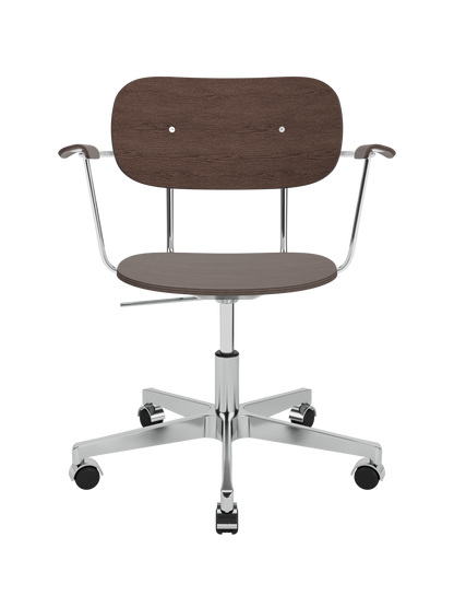 Co Task Chair with dark stained oak veneer, armrests and a polished aluminium five-star swivel base with castors.