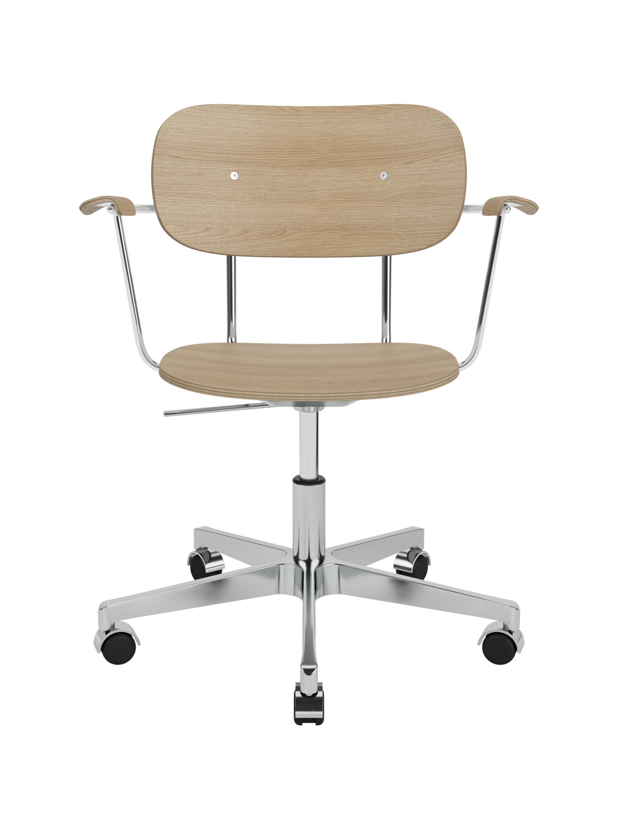 Co Task Chair featuring a natural oak veneer seat and back on a polished aluminium swivel base with five castors.
