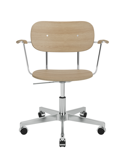 Co Task Chair featuring a natural oak veneer seat and back on a polished aluminium swivel base with five castors.