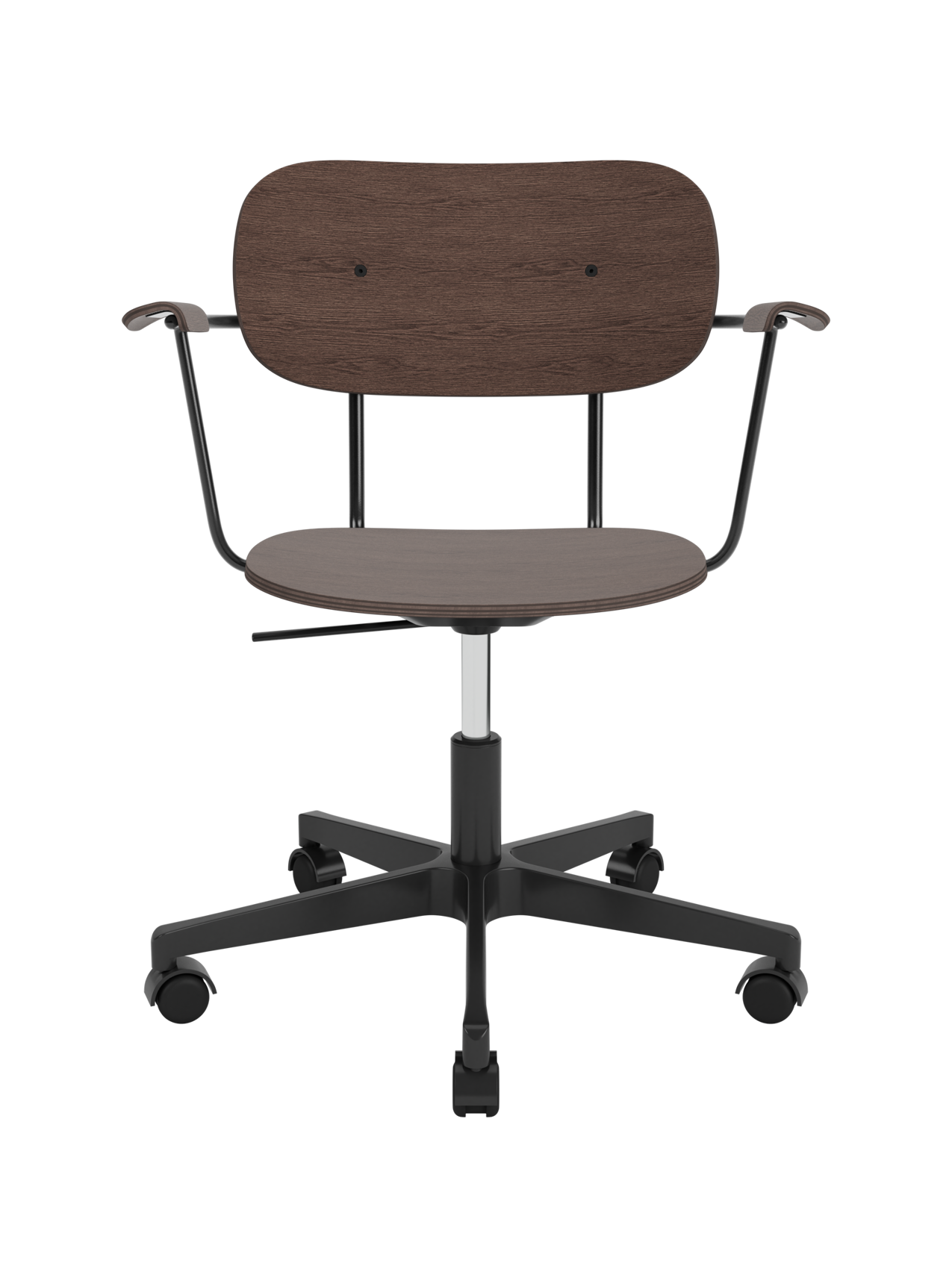 Co Task Chair in dark stained oak veneer with armrests, featuring a black five-star swivel base with castors.