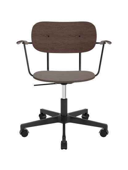 Co Task Chair in dark stained oak veneer with armrests, featuring a black five-star swivel base with castors.