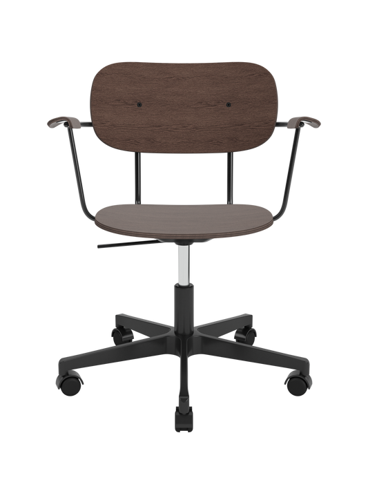 Co Task Chair in dark stained oak veneer with armrests, featuring a black five-star swivel base with castors.