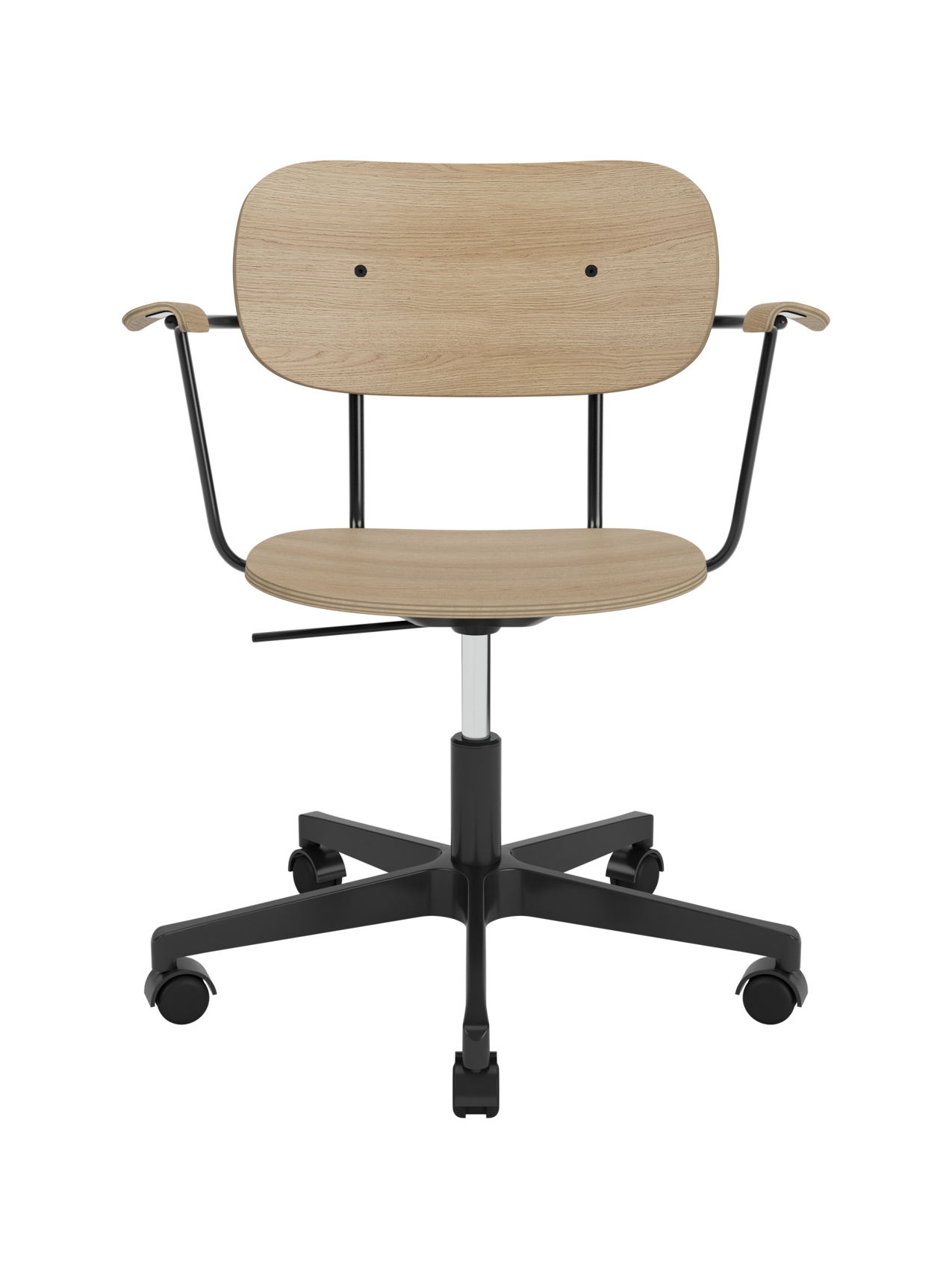 Co Task Chair with natural oak veneer seat and back, matching armrests and a black five-star swivel base on castors.
