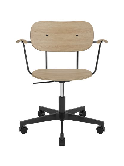 Co Task Chair with natural oak veneer seat and back, matching armrests and a black five-star swivel base on castors.