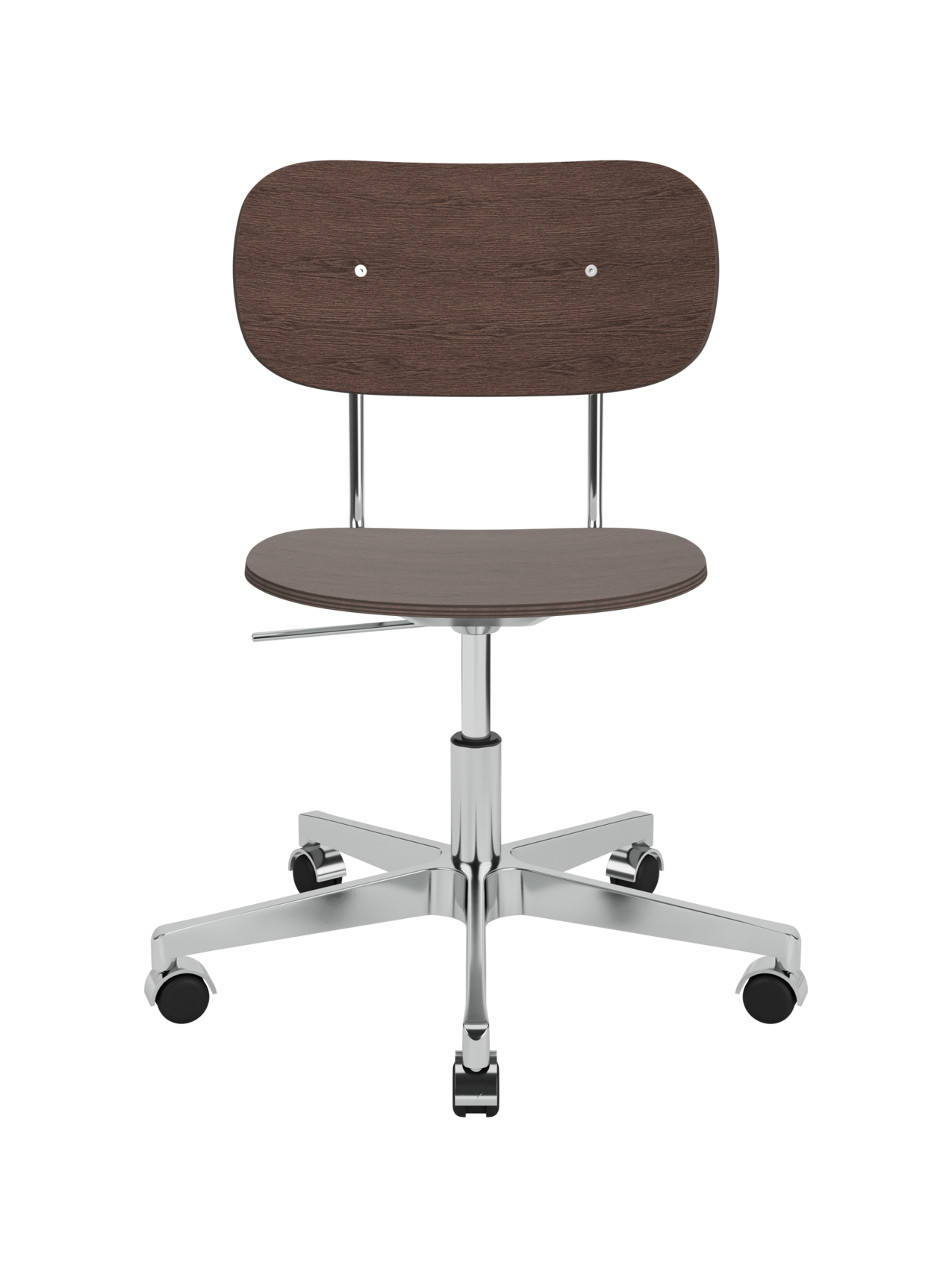 Co Task Chair, Veneer featuring a dark stained oak seat and back on a polished aluminium swivel base with castors.