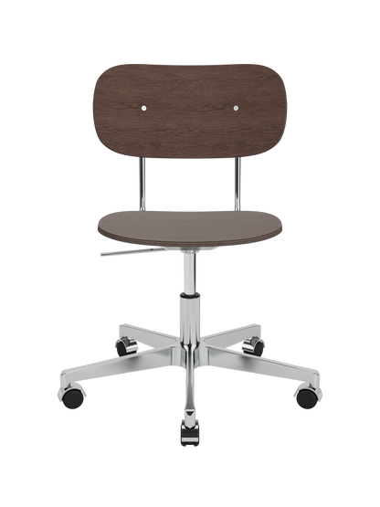 Co Task Chair, Veneer featuring a dark stained oak seat and back on a polished aluminium swivel base with castors.