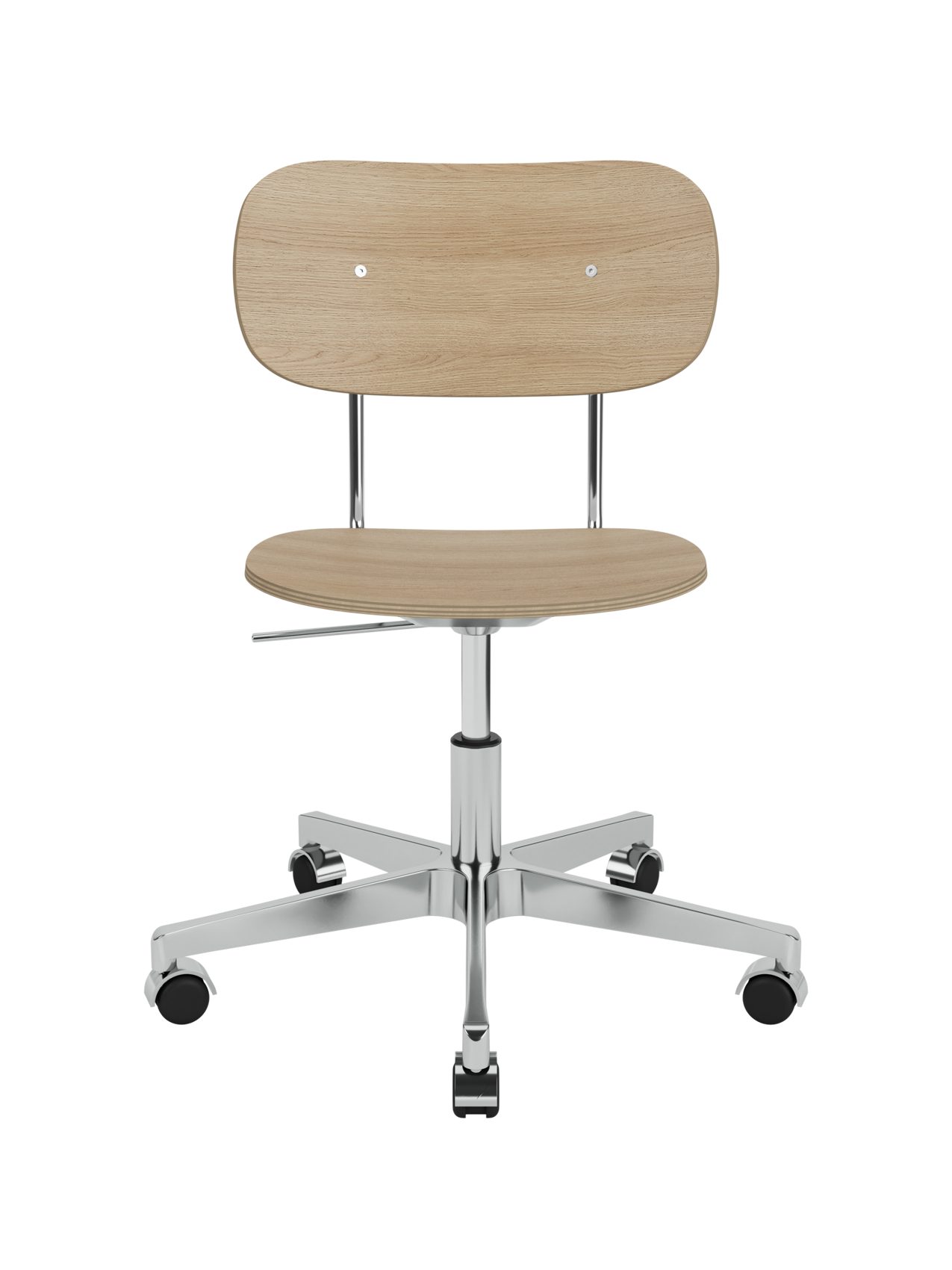 Co Task Chair in natural oak veneer with a polished aluminium five-star swivel base and castors on a white background.