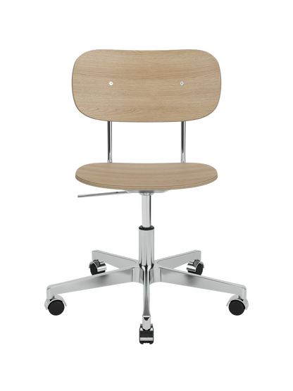 Co Task Chair in natural oak veneer with a polished aluminium five-star swivel base and castors on a white background.