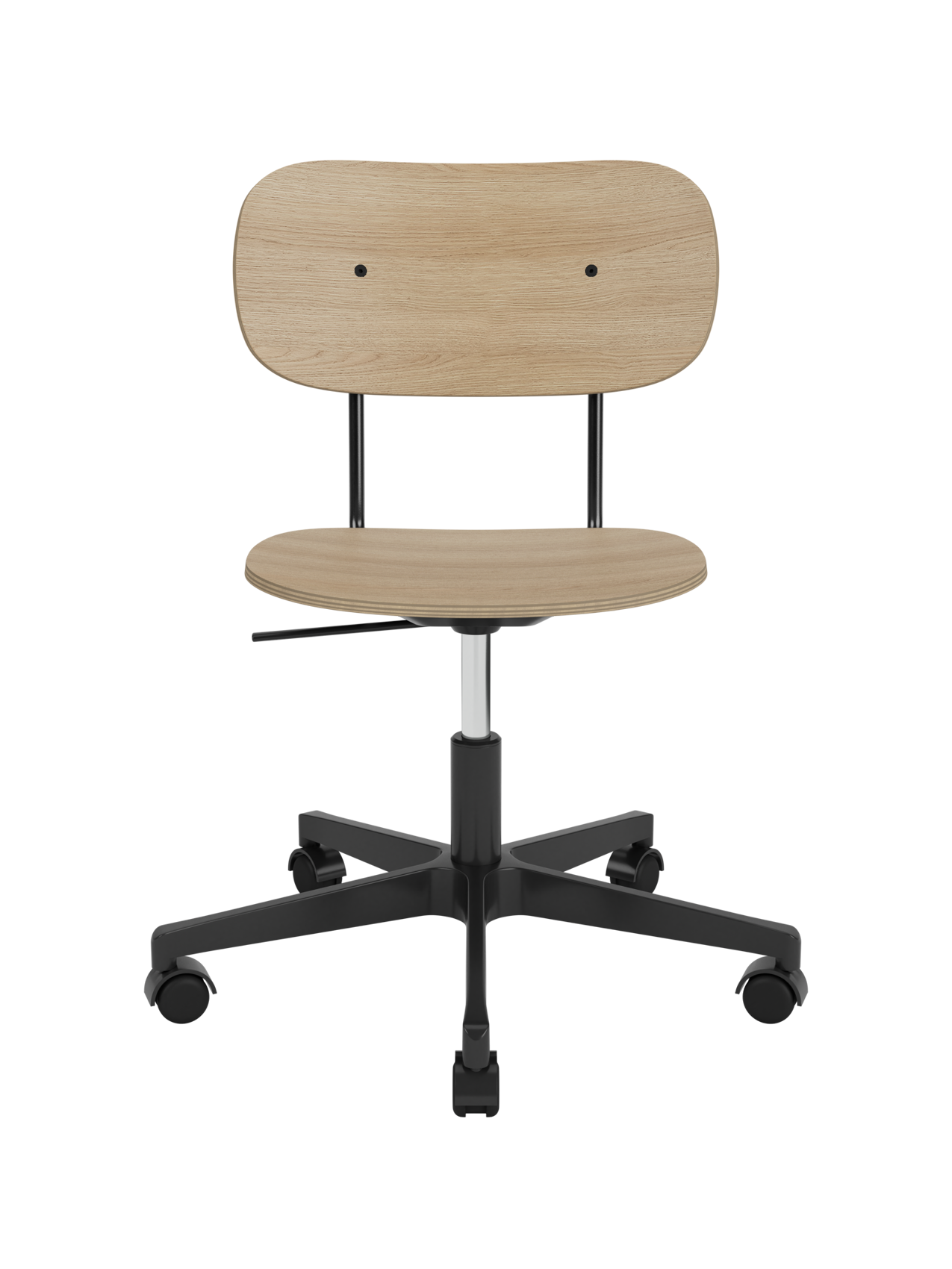 Co Task Chair, Veneer featuring a natural oak seat and backrest on a black five-star swivel base with castors.
