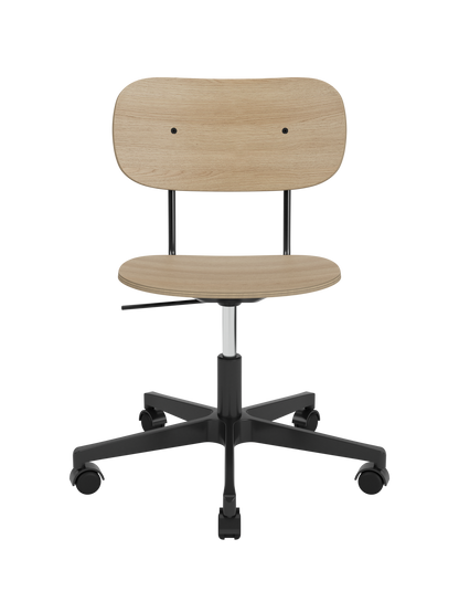 Co Task Chair, Veneer featuring a natural oak seat and backrest on a black five-star swivel base with castors.