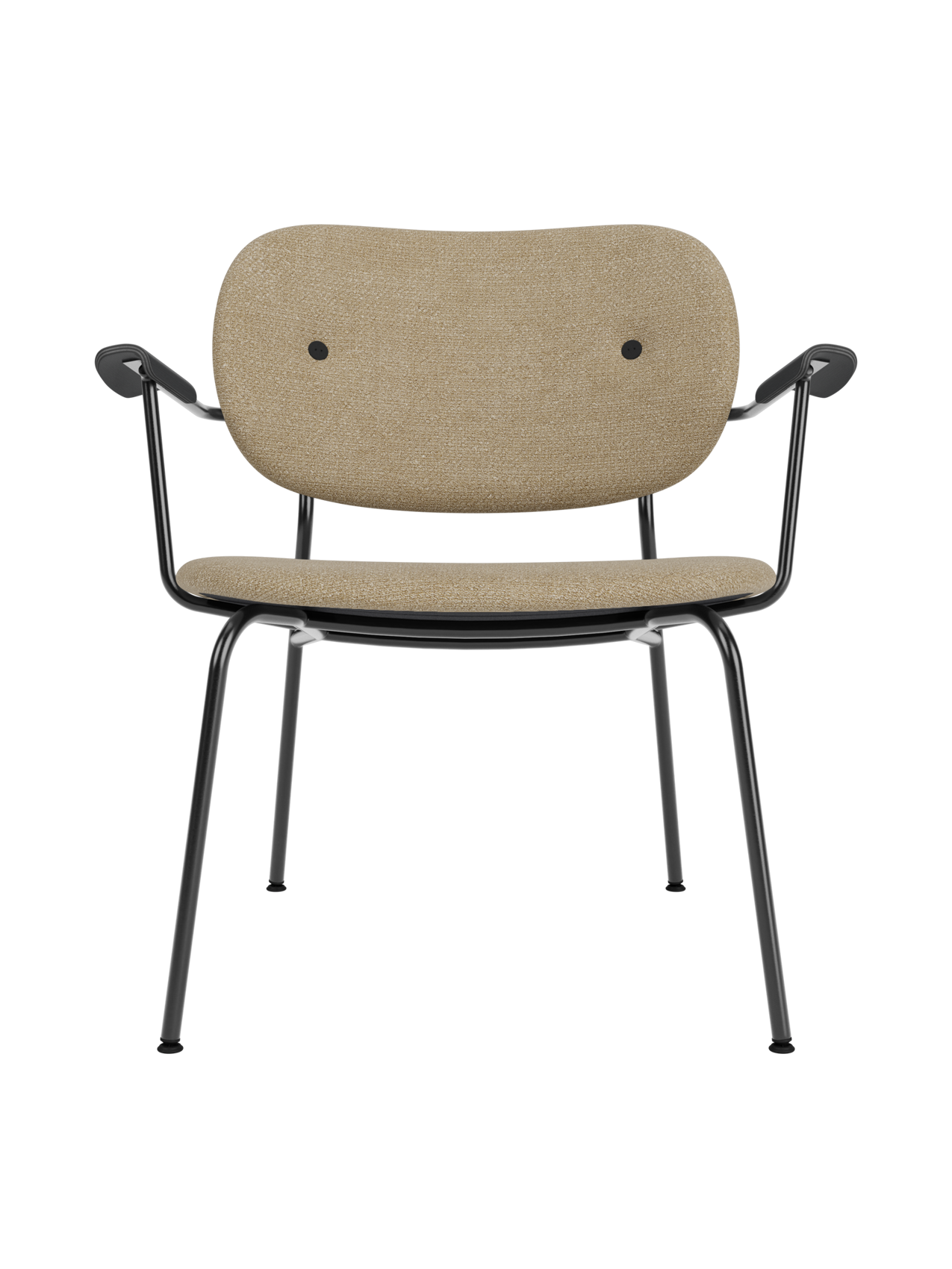 Co Lounge Chair fully upholstered in beige Audo Bouclé 02 with a slender black steel frame and armrests.