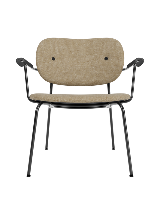 Co Lounge Chair fully upholstered in beige Audo Bouclé 02 with a slender black steel frame and armrests.