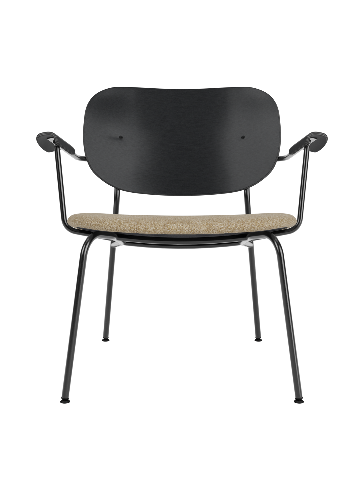 Co Lounge Chair featuring a black oak backrest, beige Audo Bouclé upholstered seat and a slim black steel frame.