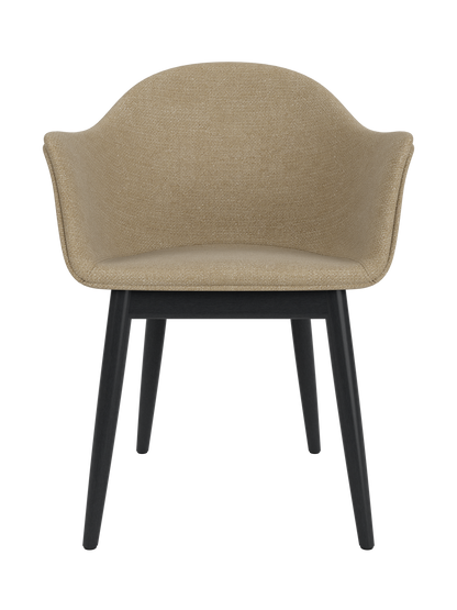 Harbour Dining Chair with beige Audo Bouclé 02 upholstery and a black painted oak wooden base on a white background.