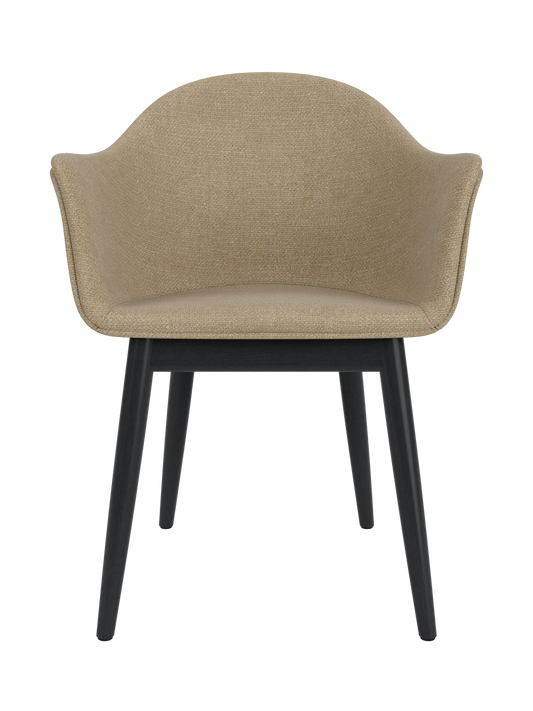 Harbour Dining Chair with beige Audo Bouclé 02 upholstery and a black painted oak wooden base on a white background.