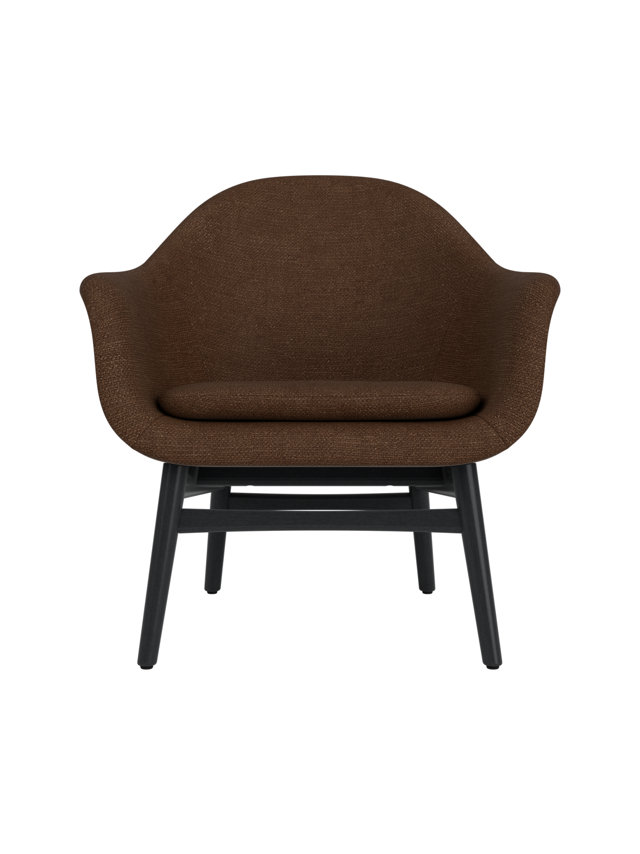 Harbour Lounge Chair featuring dark brown bouclé upholstery and a minimalist black painted oak base.