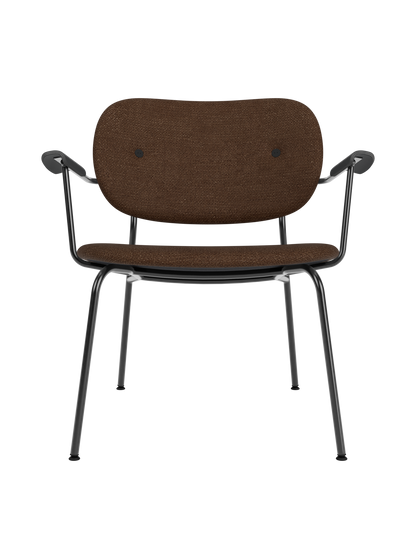 Co Lounge Chair fully upholstered in brown Audo Bouclé 07 fabric with black painted oak armrests and steel base.
