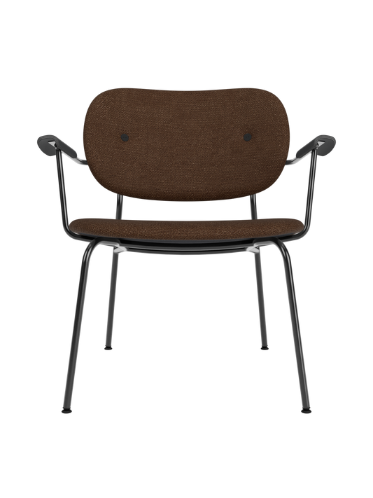 Co Lounge Chair fully upholstered in brown Audo Bouclé 07 fabric with black painted oak armrests and steel base.