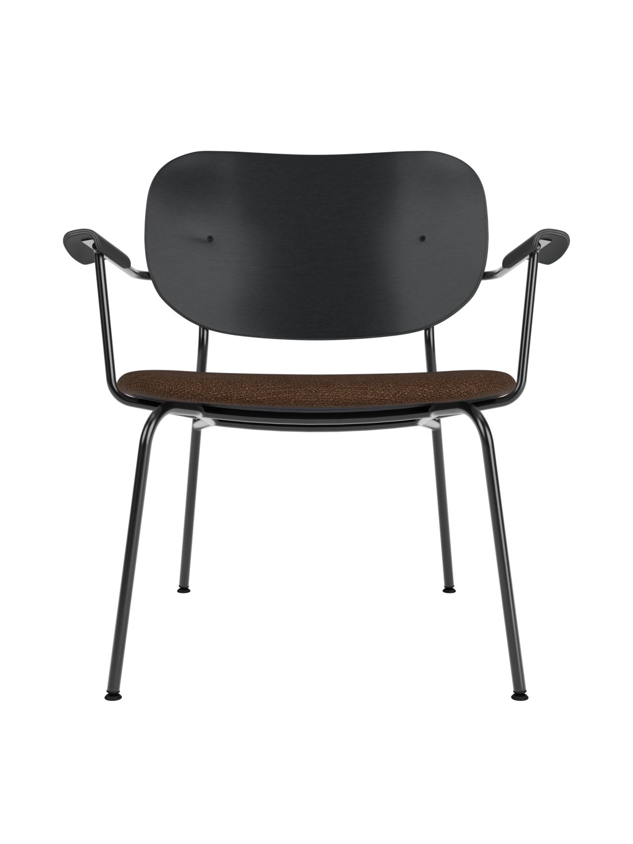 Co Lounge Chair in black oak with a brown bouclé upholstered seat and a minimalist black steel frame.