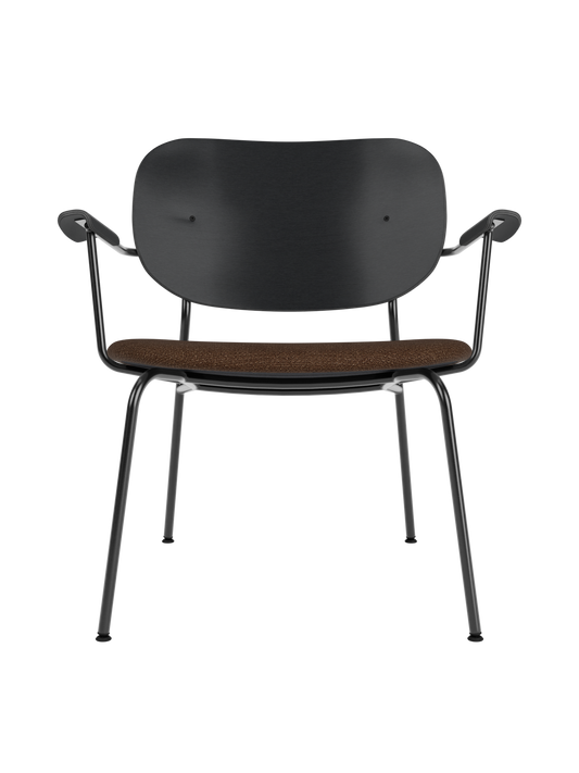 Co Lounge Chair in black oak with a brown bouclé upholstered seat and a minimalist black steel frame.