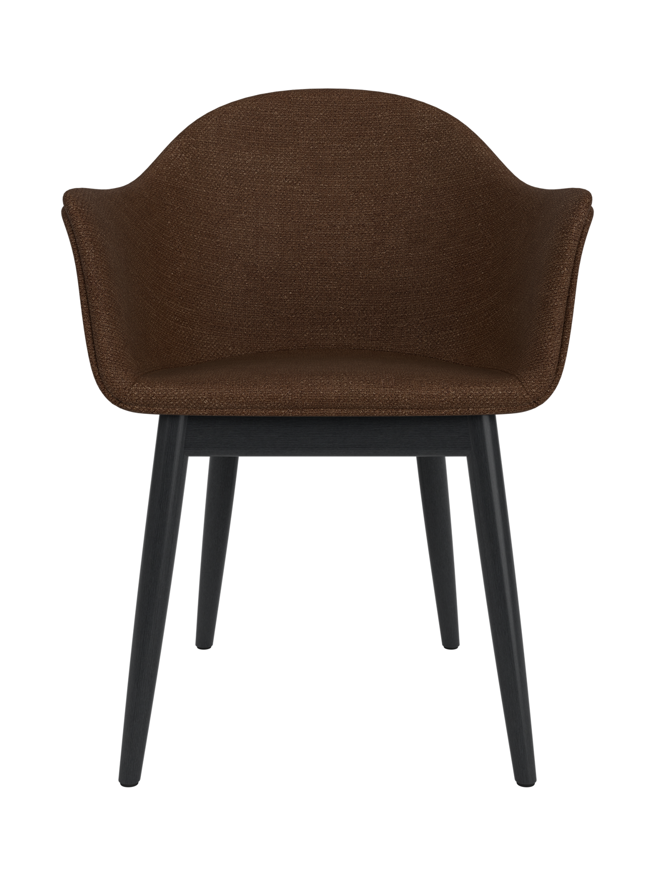 Harbour Dining Chair with dark brown Audo Bouclé 07 upholstery and a black painted oak base, seen from the front.