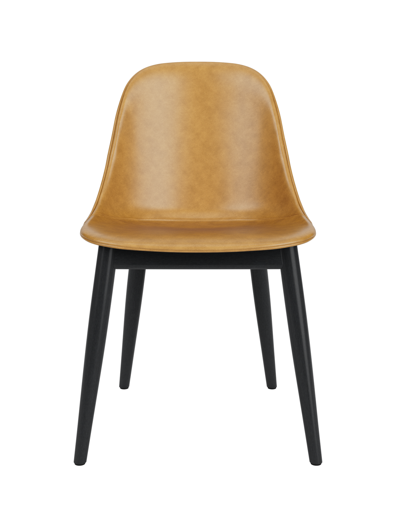 Tan leather Harbour Side Dining Chair with black painted oak legs, front view on a white background.