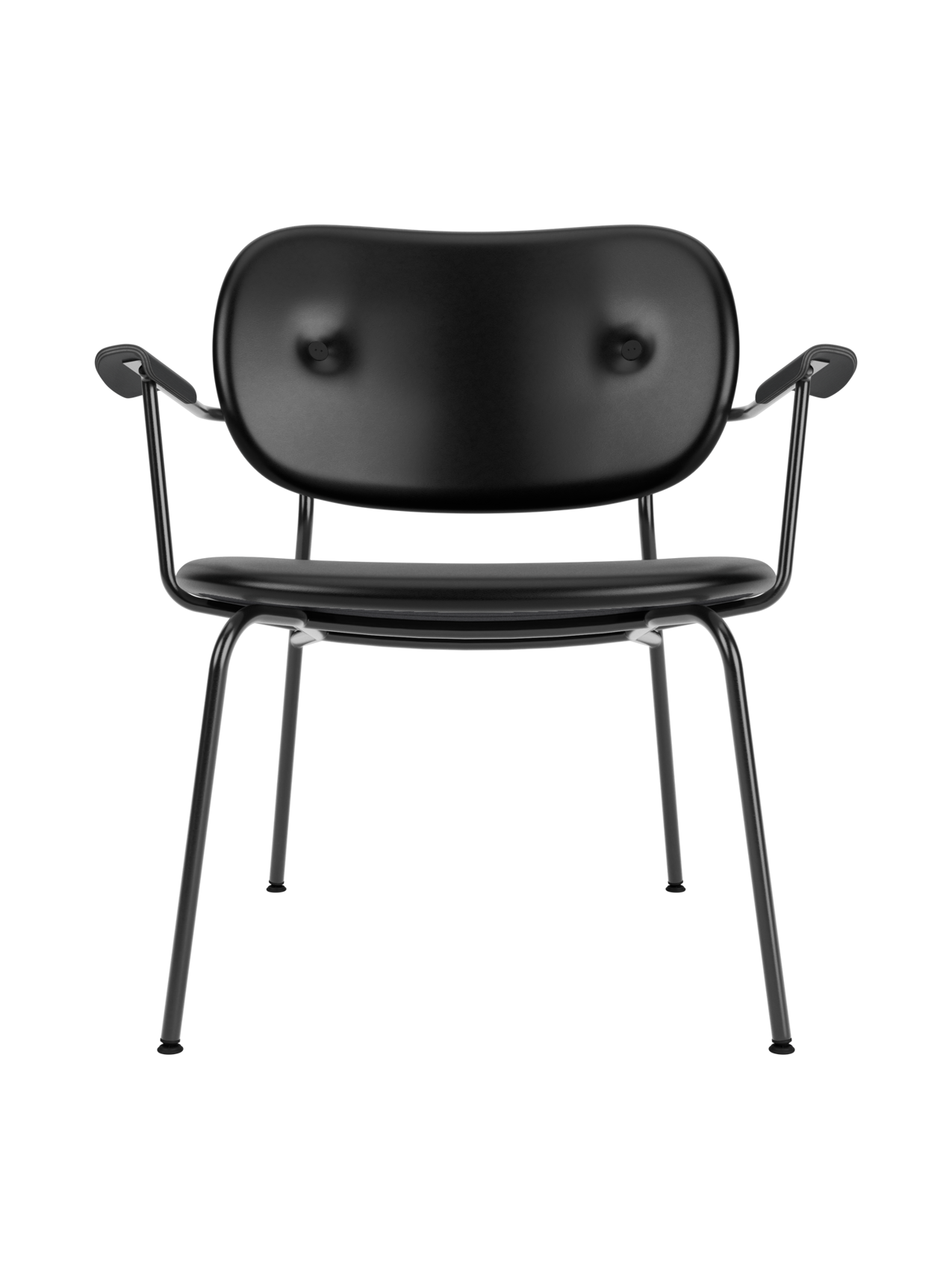 Co Lounge Chair in black leather, fully upholstered with curved armrests and a minimalist black steel frame.
