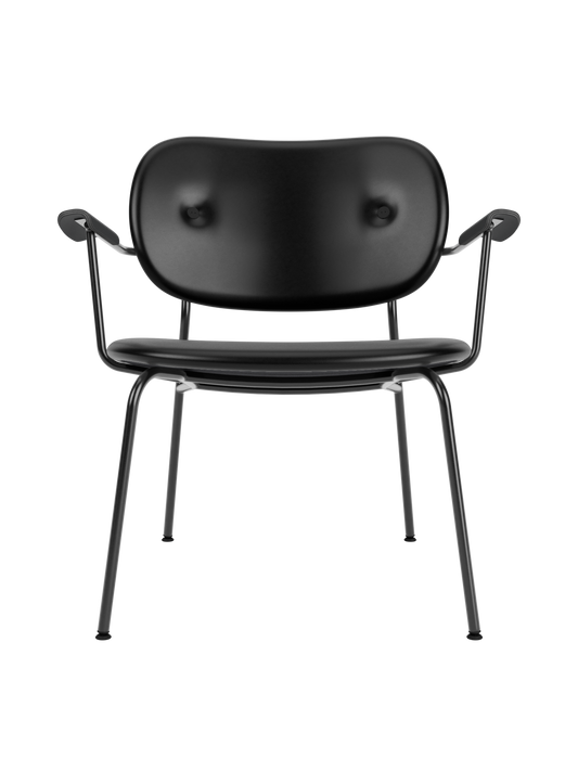 Co Lounge Chair in black leather, fully upholstered with curved armrests and a minimalist black steel frame.