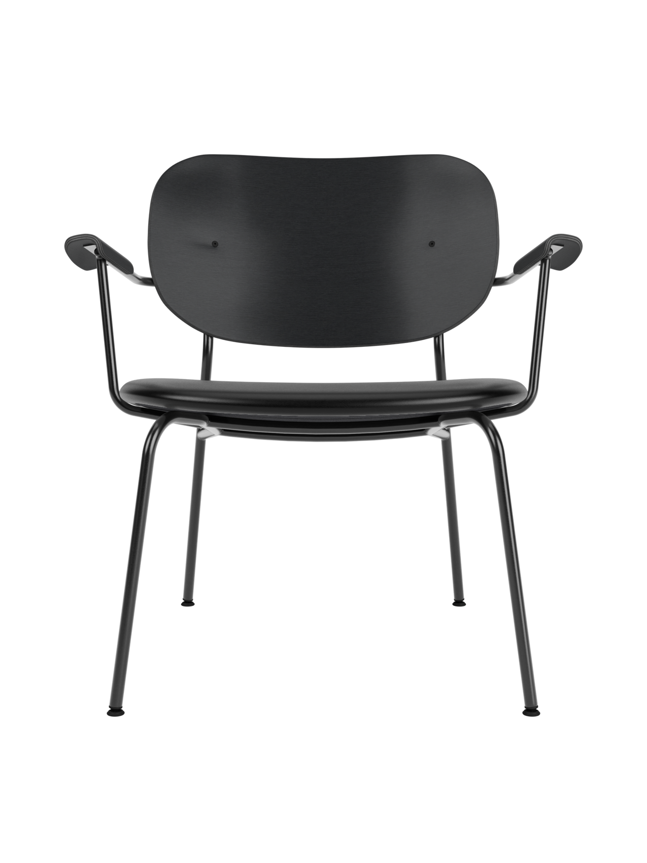 Co Lounge Chair in black painted oak with a black Dakar leather upholstered seat and a slender steel frame.