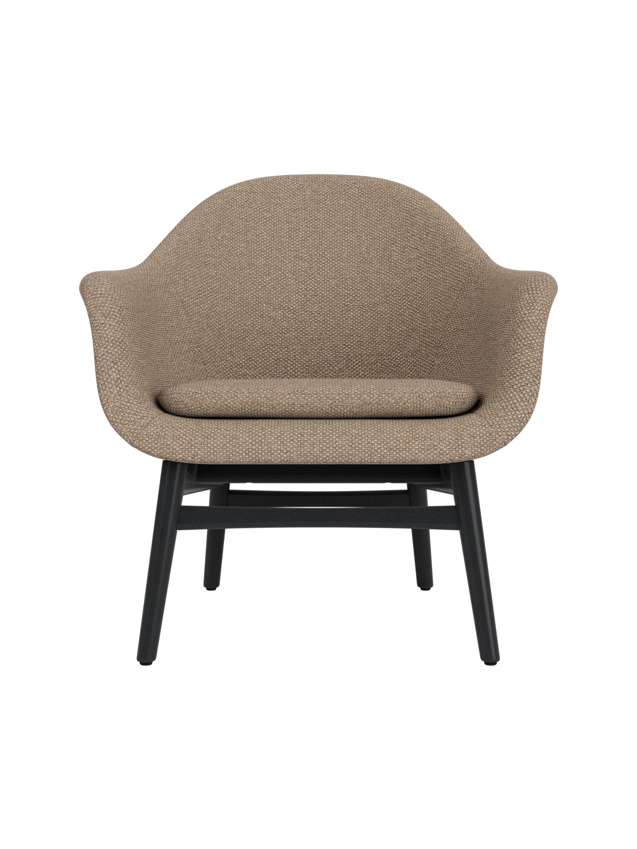Harbour Lounge Chair featuring Logan Flint textured upholstery and a black painted oak base with a curved shell.
