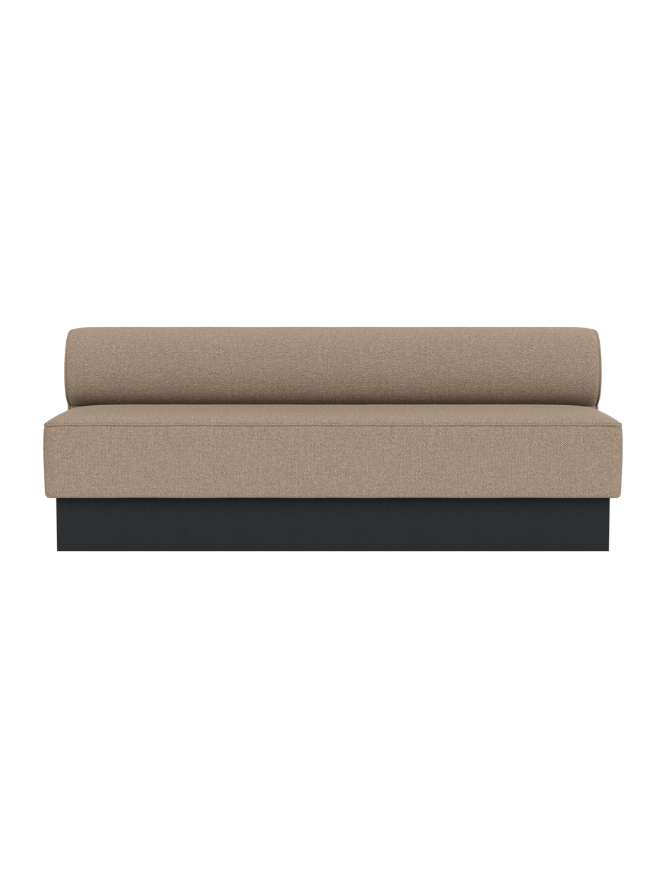Eave Dining Sofa, Plateau in Logan Flint upholstery with a black painted oak base, viewed from the front.
