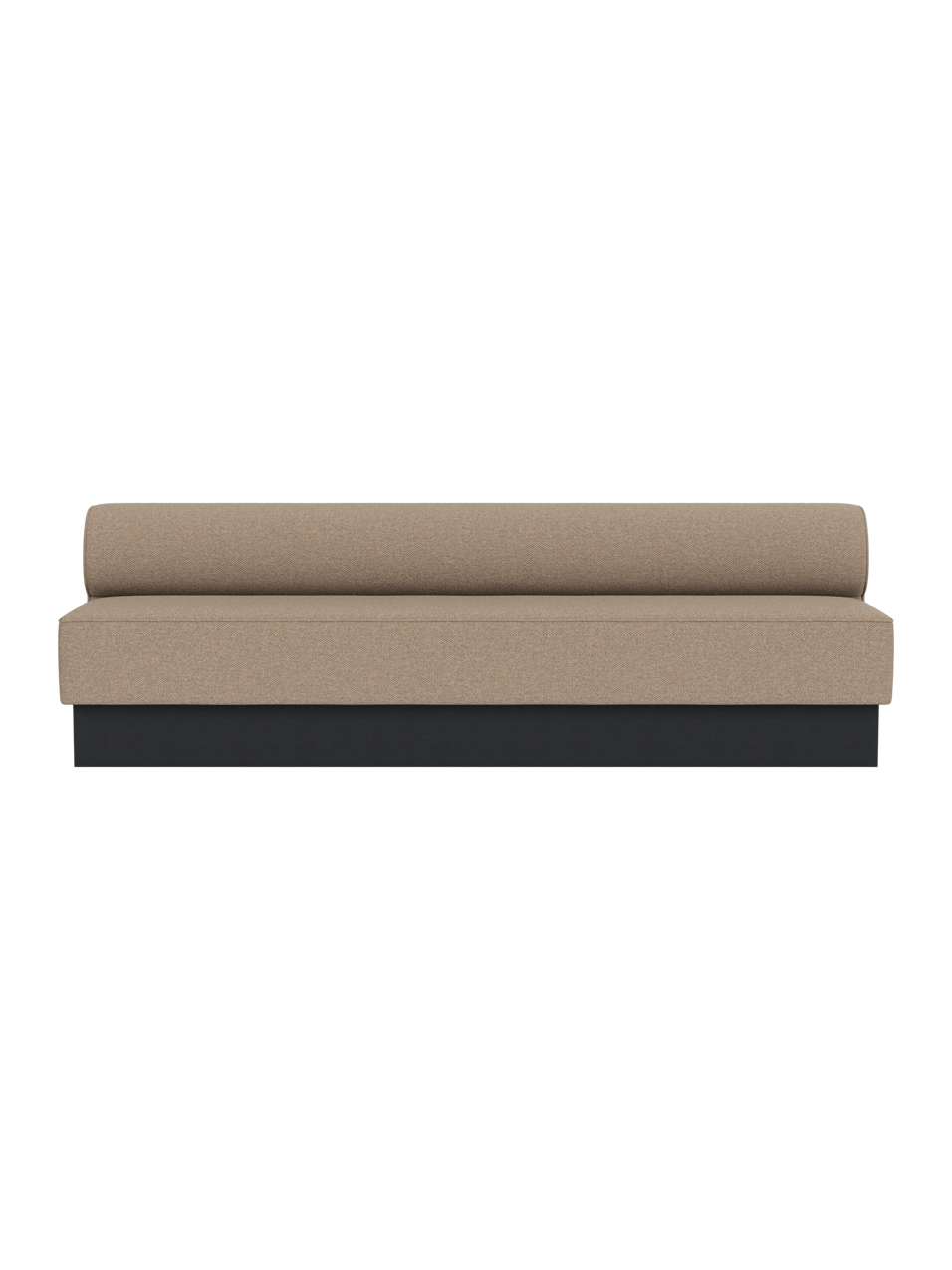 Eave Dining Sofa, Plateau in Logan Flint upholstery with a black-painted oak base, viewed from the front.