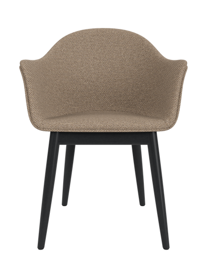 Harbour Dining Chair in Logan Flint upholstery with a black painted oak wooden base and curved organic shell.