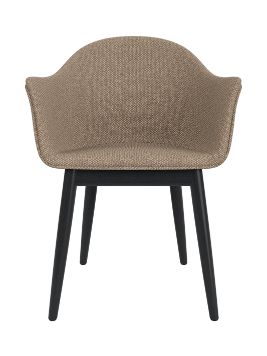 Harbour Dining Chair in Logan Flint upholstery with a black painted oak wooden base and curved organic shell.