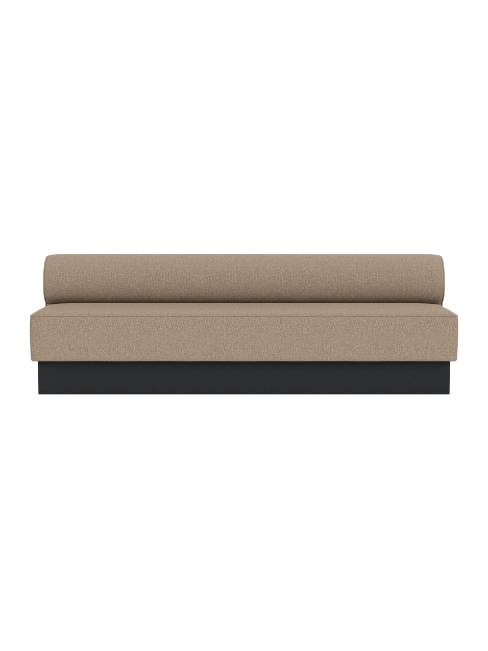 Eave Dining Sofa, Plateau in Logan Flint upholstery with a black painted oak base, isolated on a white background.