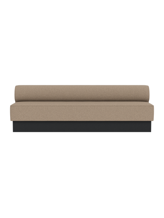 Eave Dining Sofa, Plateau in Logan Flint upholstery with a black painted oak base, isolated on a white background.