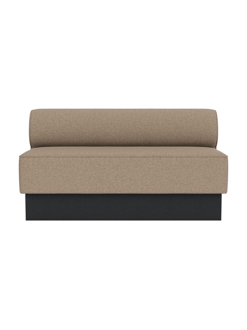 Eave Dining Sofa, Plateau in Logan Flint upholstery with a black painted oak base, viewed from the front.