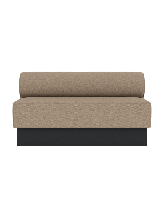 Eave Dining Sofa, Plateau in Logan Flint upholstery with a black painted oak base, viewed from the front.