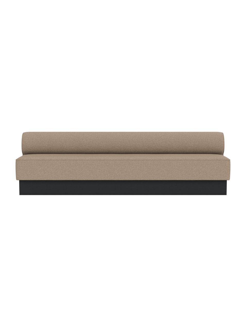 Eave Dining Sofa in Logan Flint upholstery with a black painted oak base, viewed from the front.