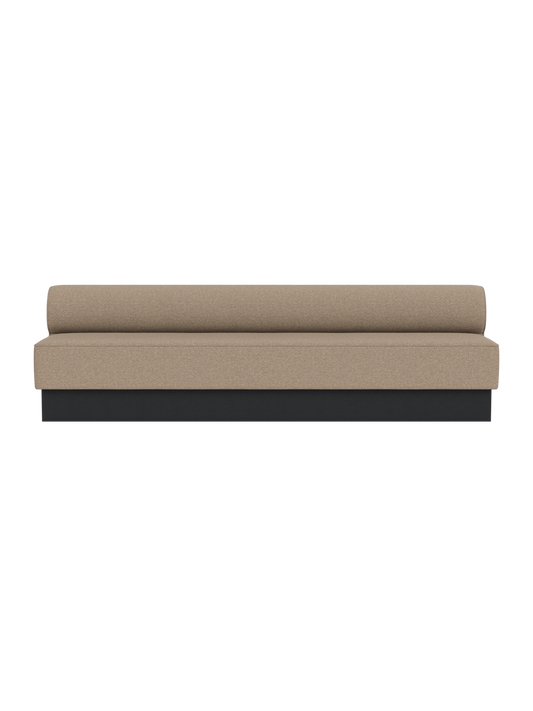 Eave Dining Sofa in Logan Flint upholstery with a black painted oak base, viewed from the front.