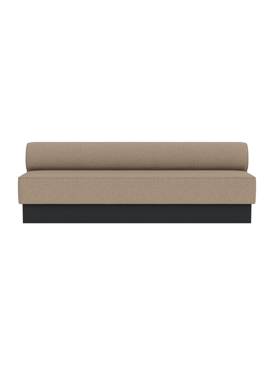 Eave Dining Sofa with Plateau in Logan Flint upholstery and a black painted oak base shown from the front.