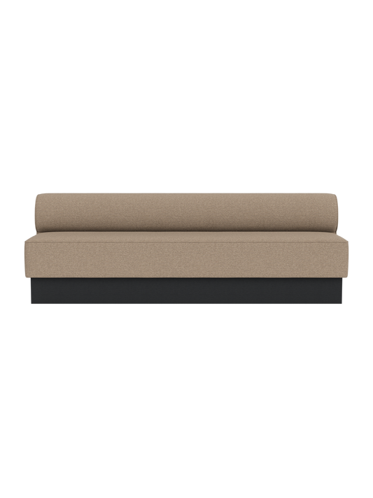 Eave Dining Sofa with Plateau in Logan Flint upholstery and a black painted oak base shown from the front.