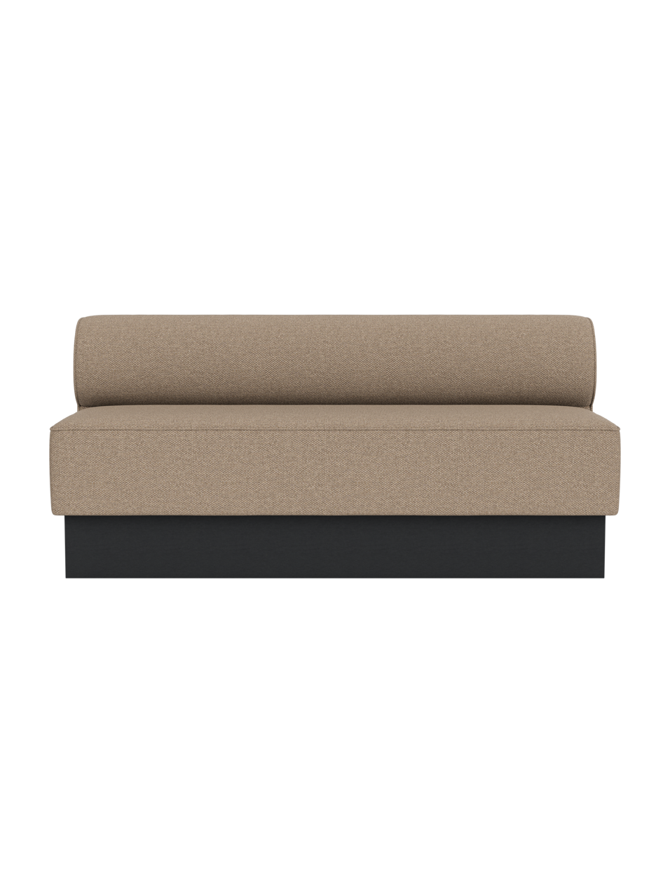 Eave Dining Sofa, Plateau in Logan Flint upholstery with a black painted oak base, viewed from the front.