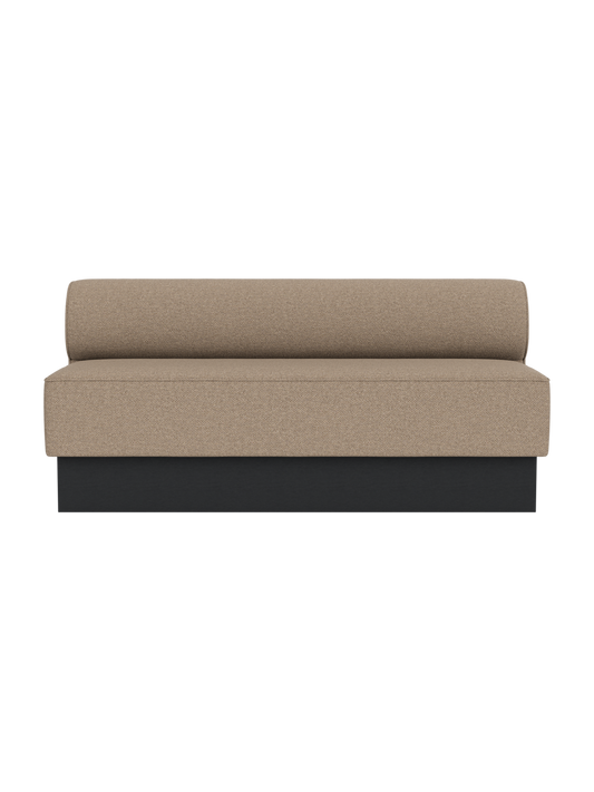 Eave Dining Sofa, Plateau in Logan Flint upholstery with a black painted oak base, viewed from the front.