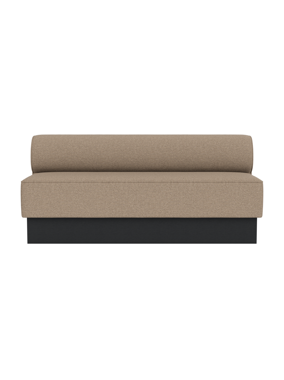 Eave Dining Sofa, Plateau in Logan Flint upholstery with a black painted oak base, viewed from the front.