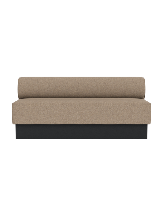 Eave Dining Sofa, Plateau in Logan Flint upholstery with a black painted oak base, viewed from the front.