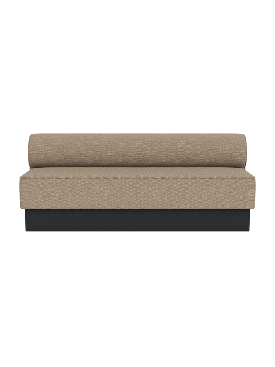 Eave Dining Sofa, Plateau upholstered in Logan Flint fabric with a black painted oak base, viewed from the front.