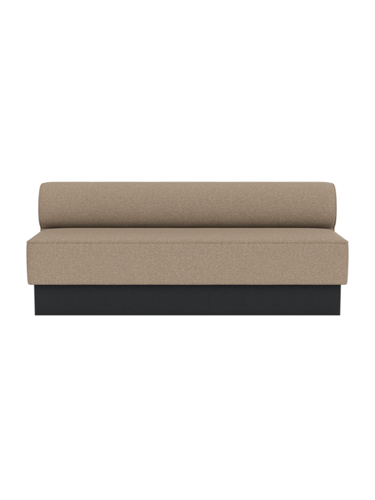 Eave Dining Sofa, Plateau upholstered in Logan Flint fabric with a black painted oak base, viewed from the front.
