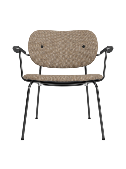 Co Lounge Chair in textured Logan Flint upholstery with a black painted oak frame and elegant curved armrests.