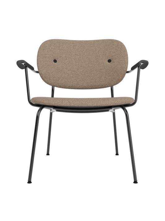 Co Lounge Chair in textured Logan Flint upholstery with a black painted oak frame and elegant curved armrests.